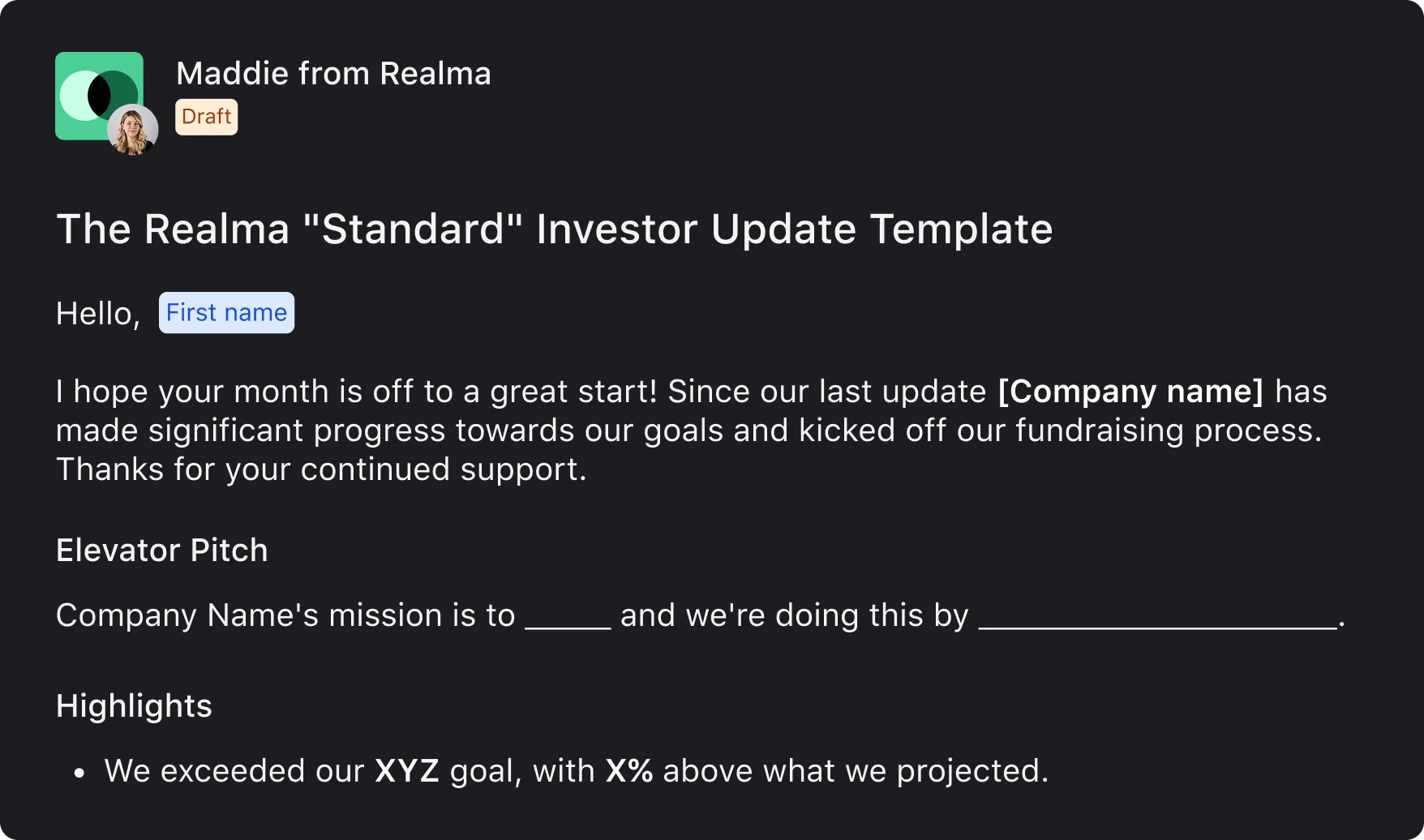 Investor Update Template